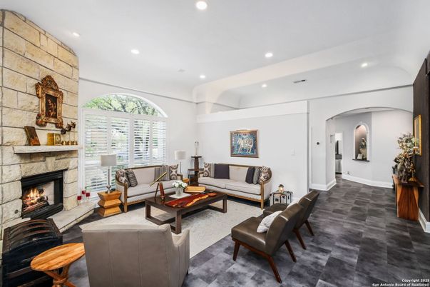 Fireplace, Interior, Living room, Recessed Lighting, Stone Walls
