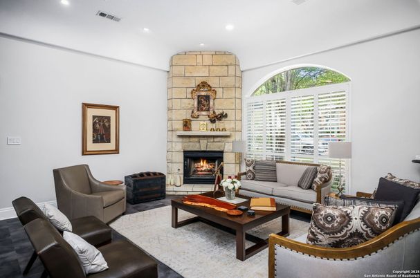 Fireplace, Interior, Living room, Recessed Lighting, Stone Walls