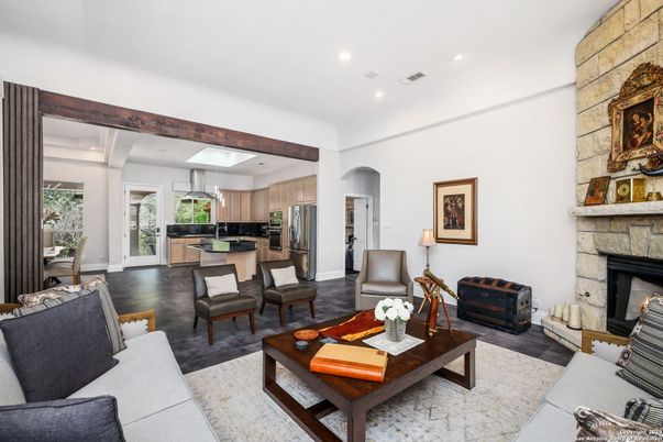 Fireplace, Interior, Kitchen, Living room, Recessed Lighting, Stainless Steel Appliances, Stone Walls, Wooden Beams, Wood Texture Flooring