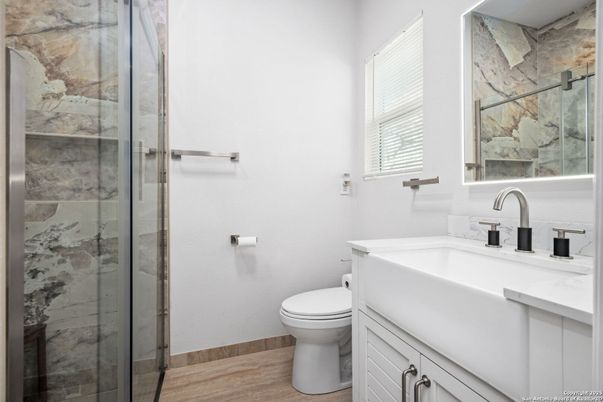 Bathroom, Glass Shower, Interior, Wood Texture Flooring