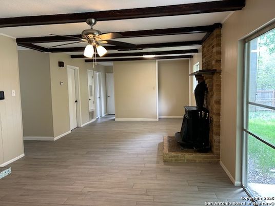 Empty room, Fireplace, Interior, Stone Walls, Wood Texture Flooring