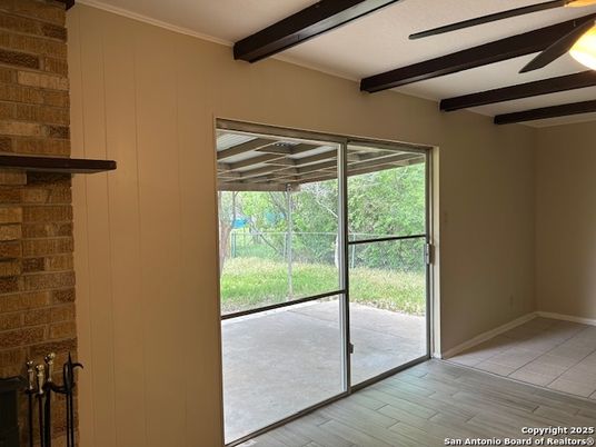 Empty room, Interior, Stone Walls, Wooden Beams, Wood Texture Flooring