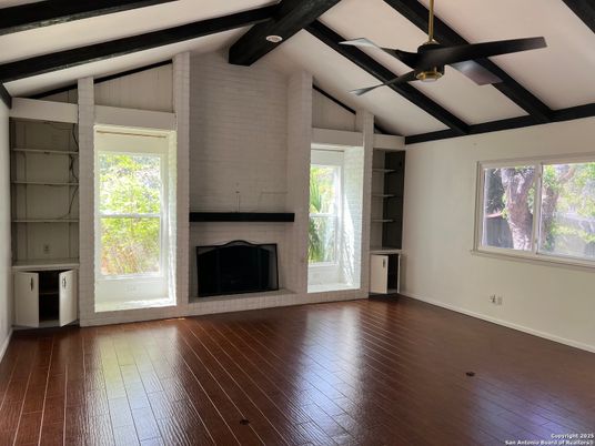 Empty room, Fireplace, Interior, Wooden Beams, Wood Texture Flooring