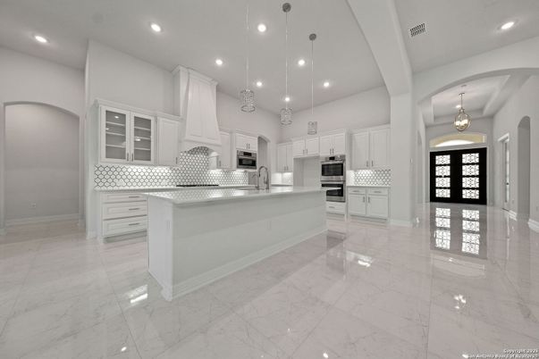 Interior, Kitchen, Marble, Pendant Lights, Recessed Lighting, Stainless Steel Appliances