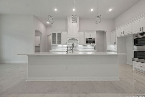 Interior, Kitchen, Marble, Pendant Lights, Recessed Lighting, Stainless Steel Appliances