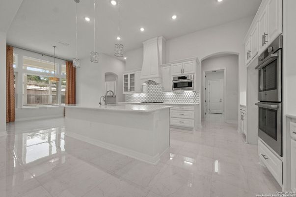 Interior, Kitchen, Marble, Pendant Lights, Recessed Lighting, Stainless Steel Appliances