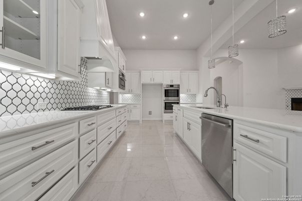 Interior, Kitchen, Marble, Pendant Lights, Recessed Lighting, Stainless Steel Appliances