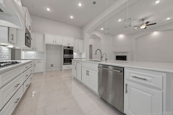 Interior, Kitchen, Marble, Pendant Lights, Recessed Lighting, Stainless Steel Appliances