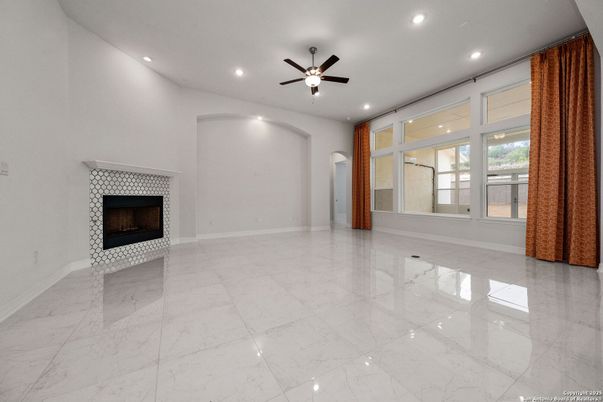 Empty room, Fireplace, Interior, Marble, Recessed Lighting