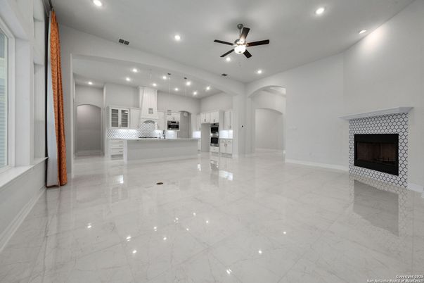 Empty room, Fireplace, Interior, Kitchen, Marble, Recessed Lighting