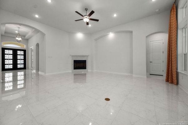 Empty room, Fireplace, Interior, Marble, Pendant Lights, Recessed Lighting