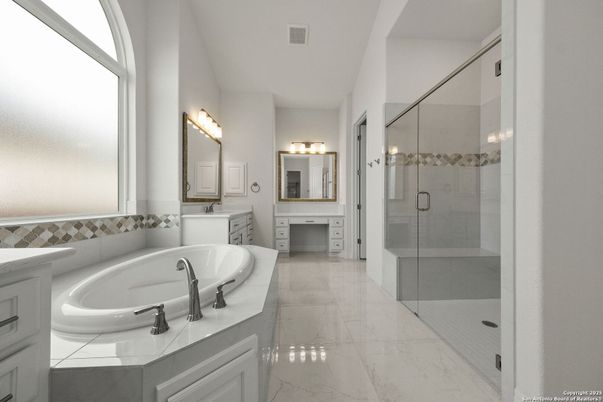 Bathroom, Dual Sink Vanities, Glass Shower, Interior, Marble