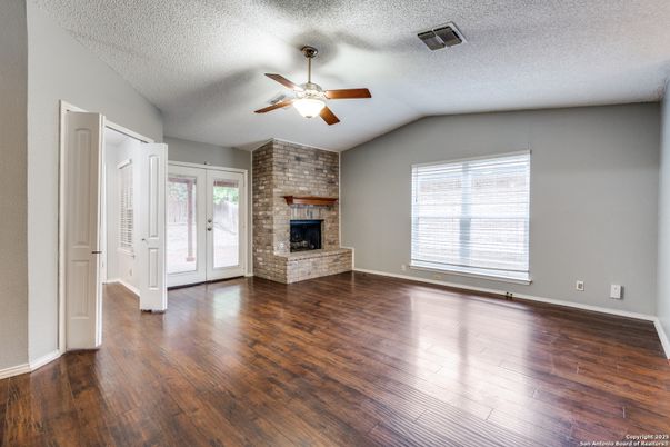 Empty room, Fireplace, Interior, Stone Walls, Wood Texture Flooring