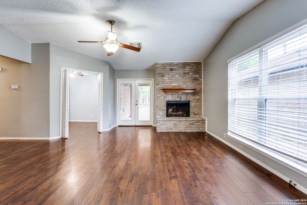 Empty room, Fireplace, Interior, Stone Walls, Wood Texture Flooring