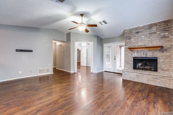 Empty room, Fireplace, Interior, Stone Walls, Wood Texture Flooring