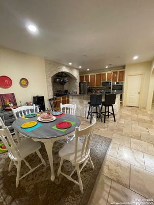 Dining room, Fireplace, Interior, Kitchen, Recessed Lighting, Stone Walls