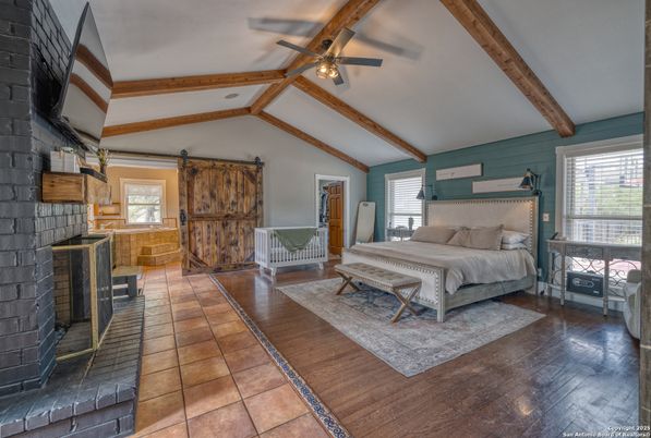 Bedroom, Fireplace, Interior, Wooden Beams, Wood Texture Flooring