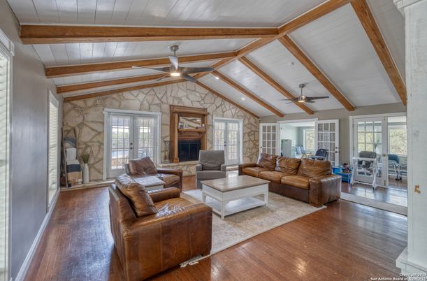Fireplace, Interior, Living room, Stone Walls, Wooden Beams, Wood Texture Flooring