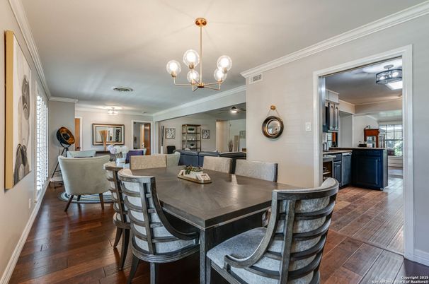 Dining room, Interior, Kitchen, Living room, Pendant Lights, Wood Texture Flooring