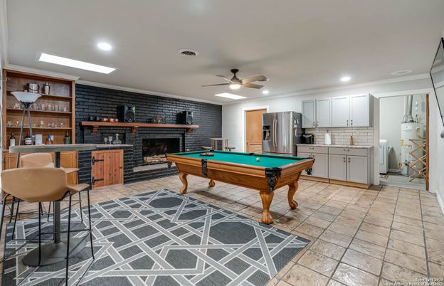 Billiard Table, Fireplace, Game Room, Interior, Kitchen, Recessed Lighting, Stone Walls