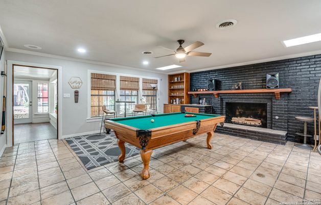 Billiard Table, Fireplace, Game Room, Interior, Recessed Lighting, Stone Walls