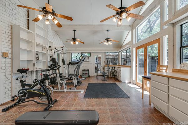 Fitness Equipment, Gym, Interior, Stone Walls, Wooden Beams