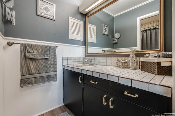 Bathroom, Interior, Tile Countertops, Wood Texture Flooring