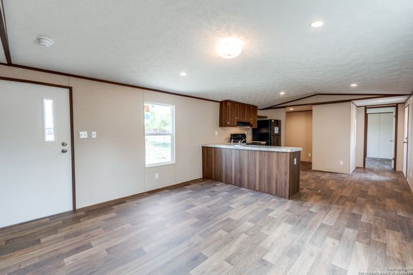Empty room, Interior, Kitchen, Recessed Lighting, Wood Texture Flooring