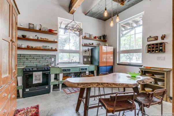 Dining room, Interior, Kitchen, Pendant Lights, Stone Walls, Wooden Beams