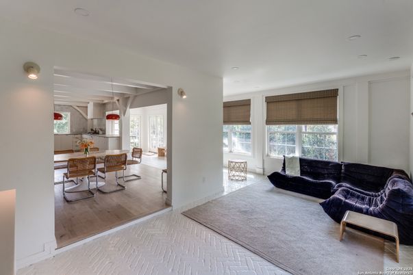 Dining room, Interior, Living room, Pendant Lights, Recessed Lighting, Wood Texture Flooring