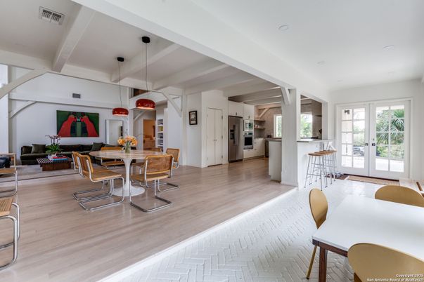 Dining room, Interior, Kitchen, Living room, Pendant Lights, Recessed Lighting, Stainless Steel Appliances, Wood Texture Flooring