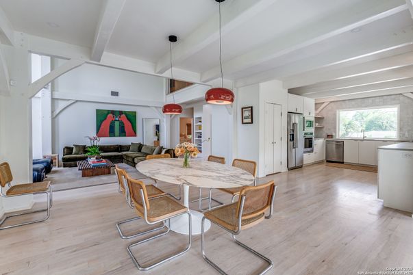 Dining room, Interior, Kitchen, Living room, Pendant Lights, Stainless Steel Appliances, Wood Texture Flooring