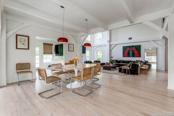 Dining room, Interior, Living room, Pendant Lights, Wood Texture Flooring