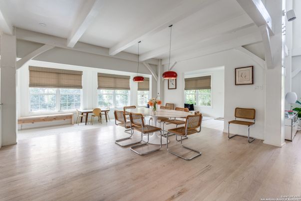 Dining room, Interior, Pendant Lights, Wood Texture Flooring