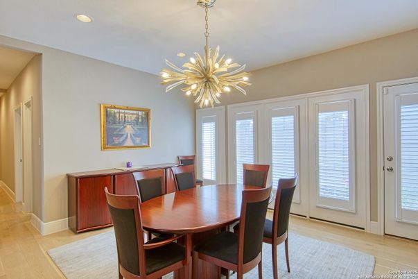 Dining room, Interior, Pendant Lights, Recessed Lighting, Wood Texture Flooring