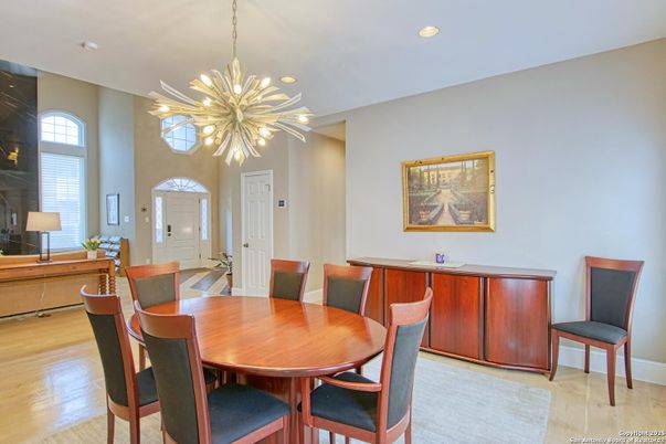 Dining room, Interior, Pendant Lights, Recessed Lighting, Wood Texture Flooring