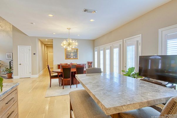 Dining room, Interior, Pendant Lights, Recessed Lighting, Wood Texture Flooring