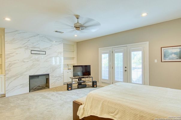 Bedroom, Fireplace, Interior, Marble Walls, Recessed Lighting