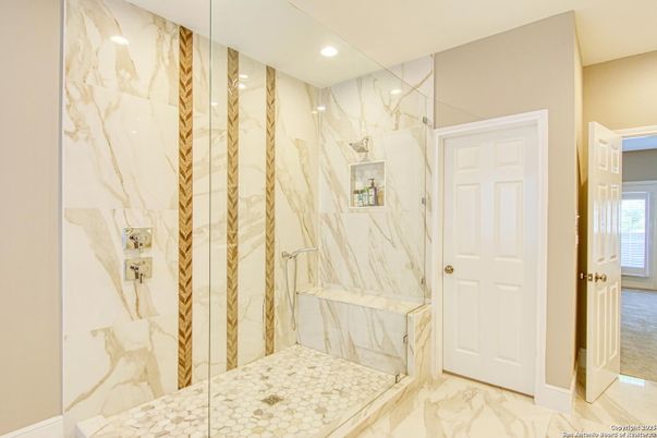 Bathroom, Glass Shower, Interior, Marble, Marble Walls, Recessed Lighting