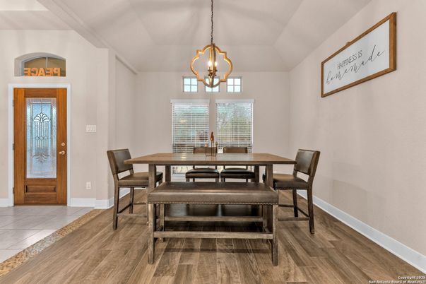 Dining room, Interior, Pendant Lights, Wood Texture Flooring
