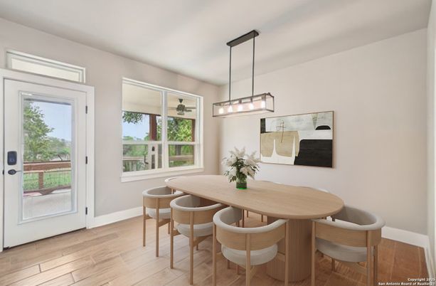 Dining room, Interior, Pendant Lights, Wood Texture Flooring