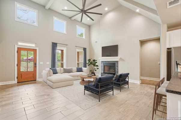 Fireplace, Interior, Living room, Recessed Lighting, Wood Texture Flooring