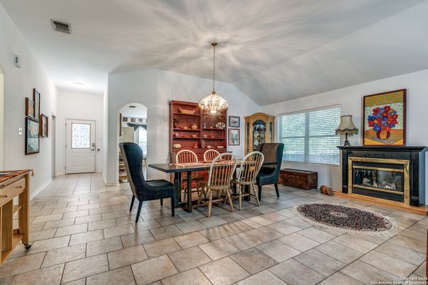 Dining room, Fireplace, Interior, Pendant Lights