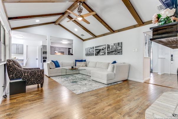 Interior, Living room, Recessed Lighting, Wooden Beams, Wood Texture Flooring