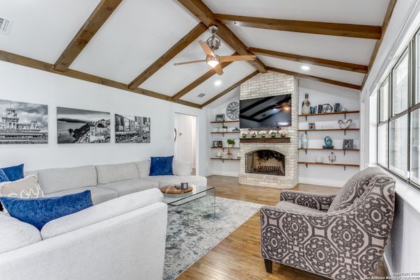 Fireplace, Interior, Living room, Recessed Lighting, Wooden Beams, Wood Texture Flooring
