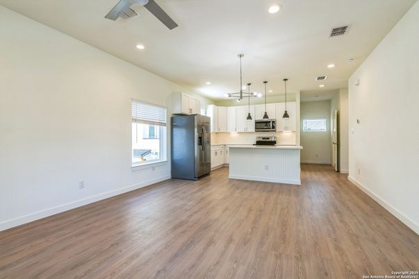 Interior, Kitchen, Pendant Lights, Recessed Lighting, Wood Texture Flooring