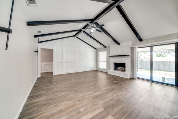 Empty room, Fireplace, Interior, Wooden Beams, Wood Texture Flooring