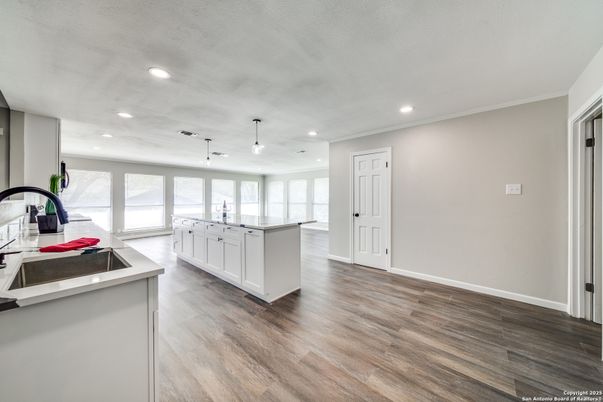 Interior, Kitchen, Pendant Lights, Recessed Lighting, Wood Texture Flooring