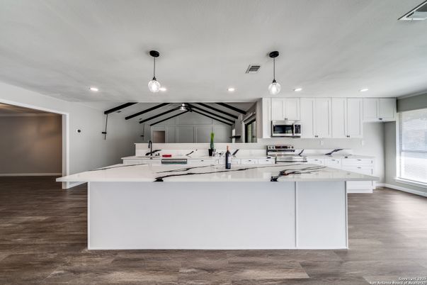 Interior, Kitchen, Pendant Lights, Recessed Lighting, Stainless Steel Appliances, Wood Texture Flooring