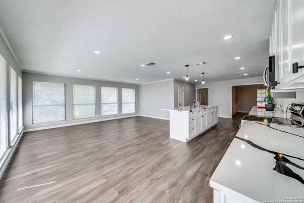 Interior, Kitchen, Pendant Lights, Recessed Lighting, Wood Texture Flooring